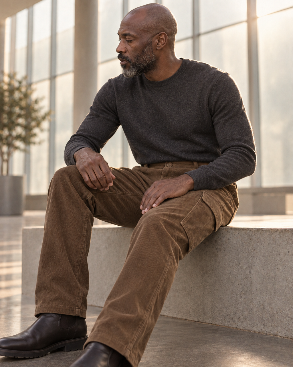 Cargo Trousers Rugged Heritage in tobacco brown, worn by a seated man indoors