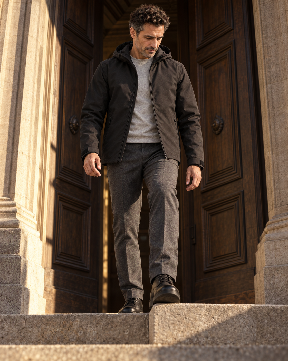 Full-length low-angle view of a man wearing the black Hooded Jacket Urban Shelter on stone steps