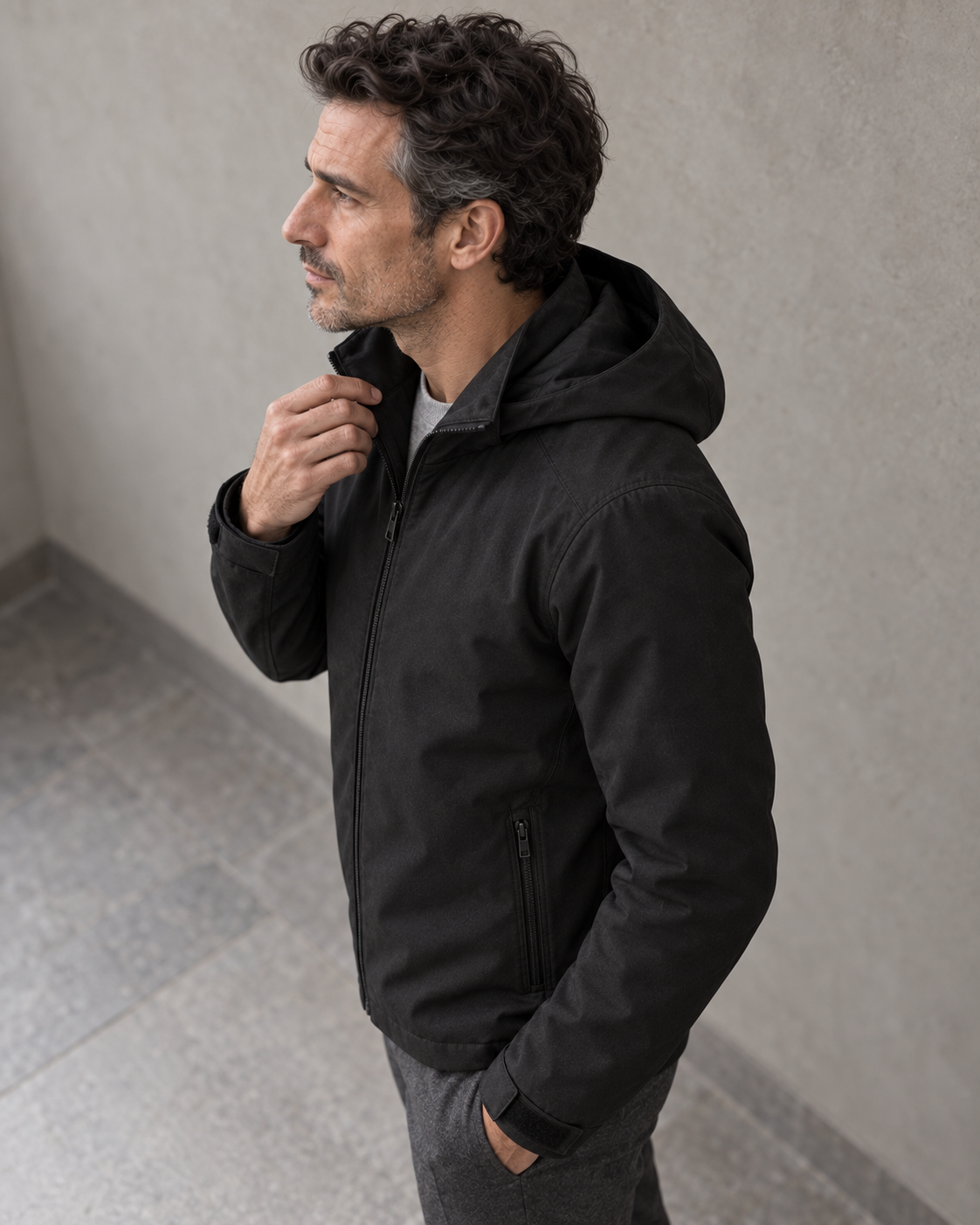 High-angle side view of a man adjusting the collar of the black Hooded Jacket Urban Shelter indoors