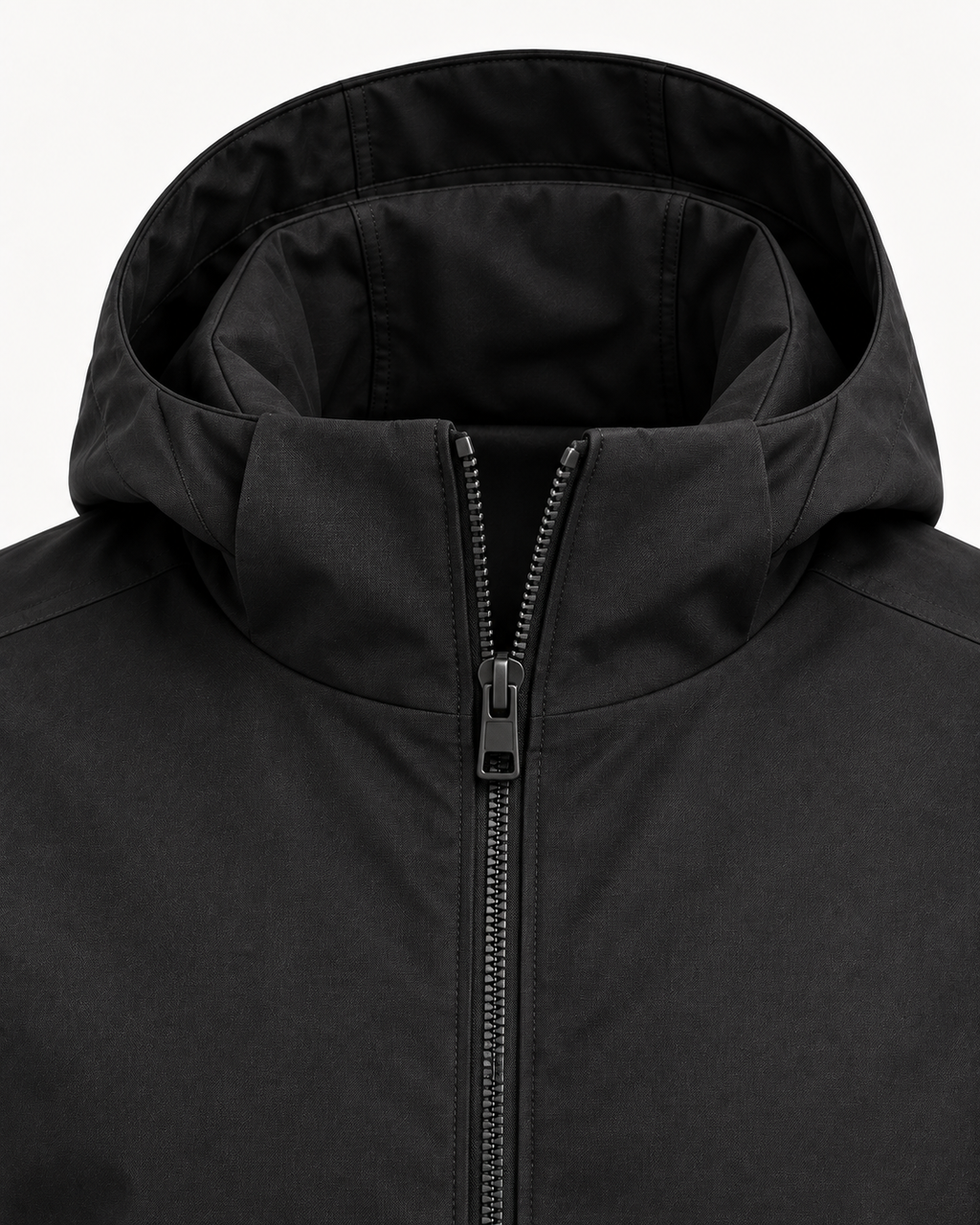 Hood, high collar and full-zip detail of the Hooded Jacket Urban Shelter