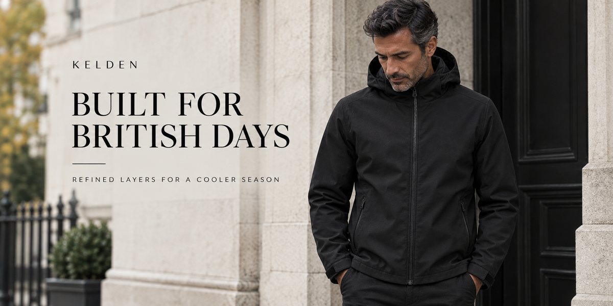 KELDEN autumn menswear, Built for British Days, featuring the black Hooded Jacket Urban Shelter