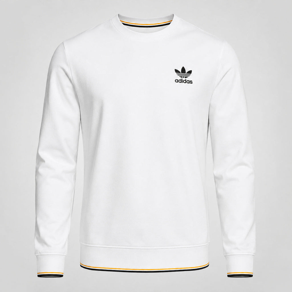 KELDEN men's classic white crewneck sweatshirt with black and gold contrast trim