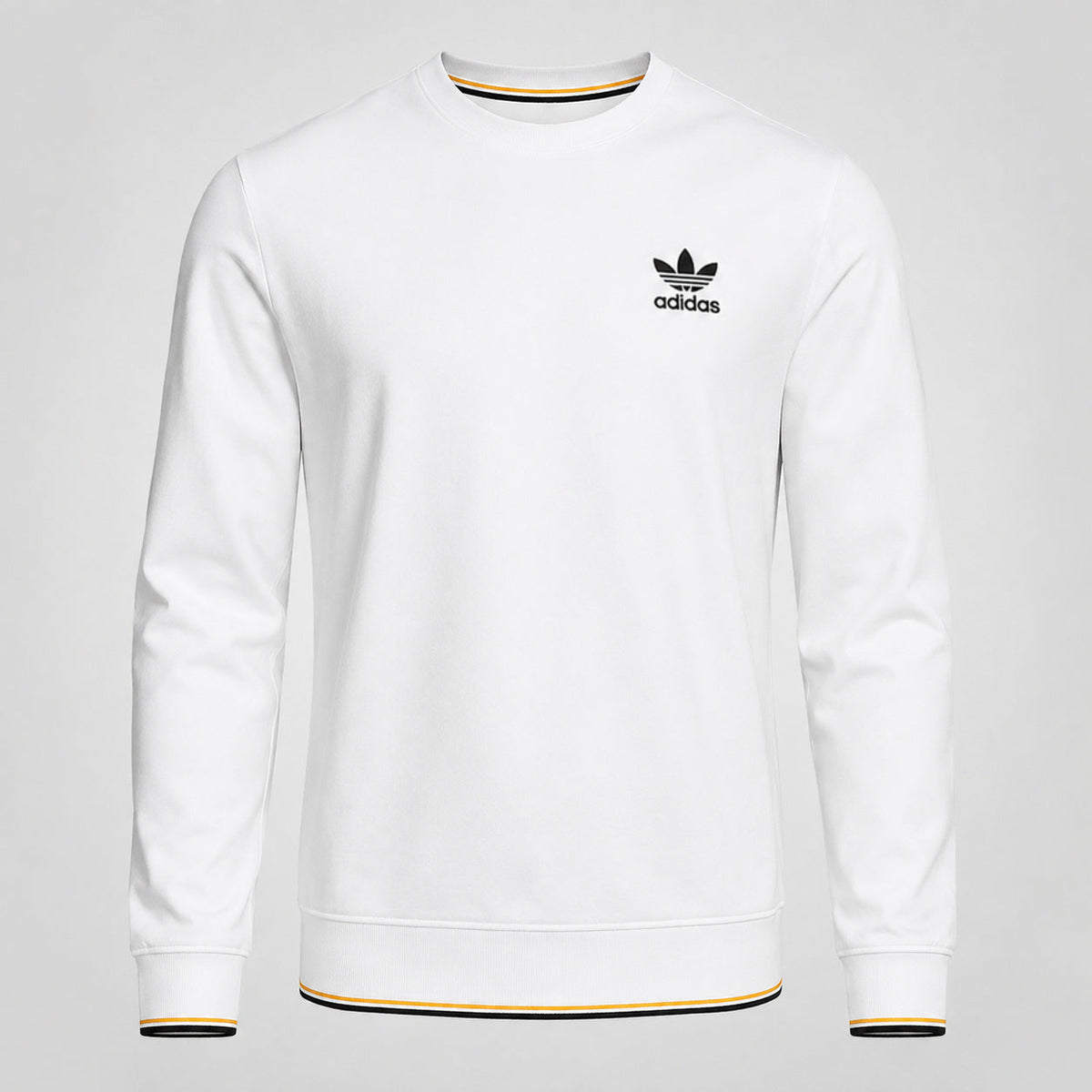 KELDEN men's classic white crewneck sweatshirt with black and gold contrast trim