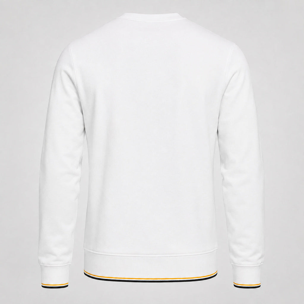 KELDEN men's classic white crewneck sweatshirt with black and gold contrast trim