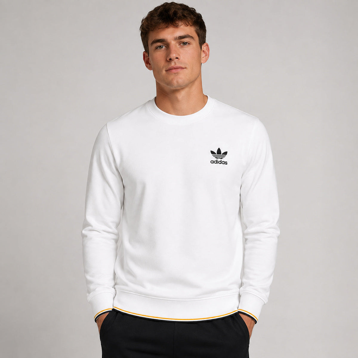 KELDEN men's classic white crewneck sweatshirt with black and gold contrast trim