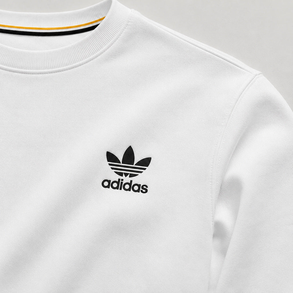 KELDEN men's classic white crewneck sweatshirt with black and gold contrast trim