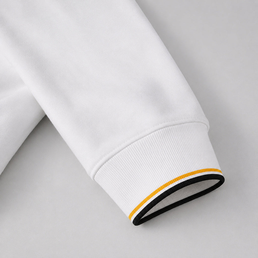 KELDEN men's classic white crewneck sweatshirt with black and gold contrast trim
