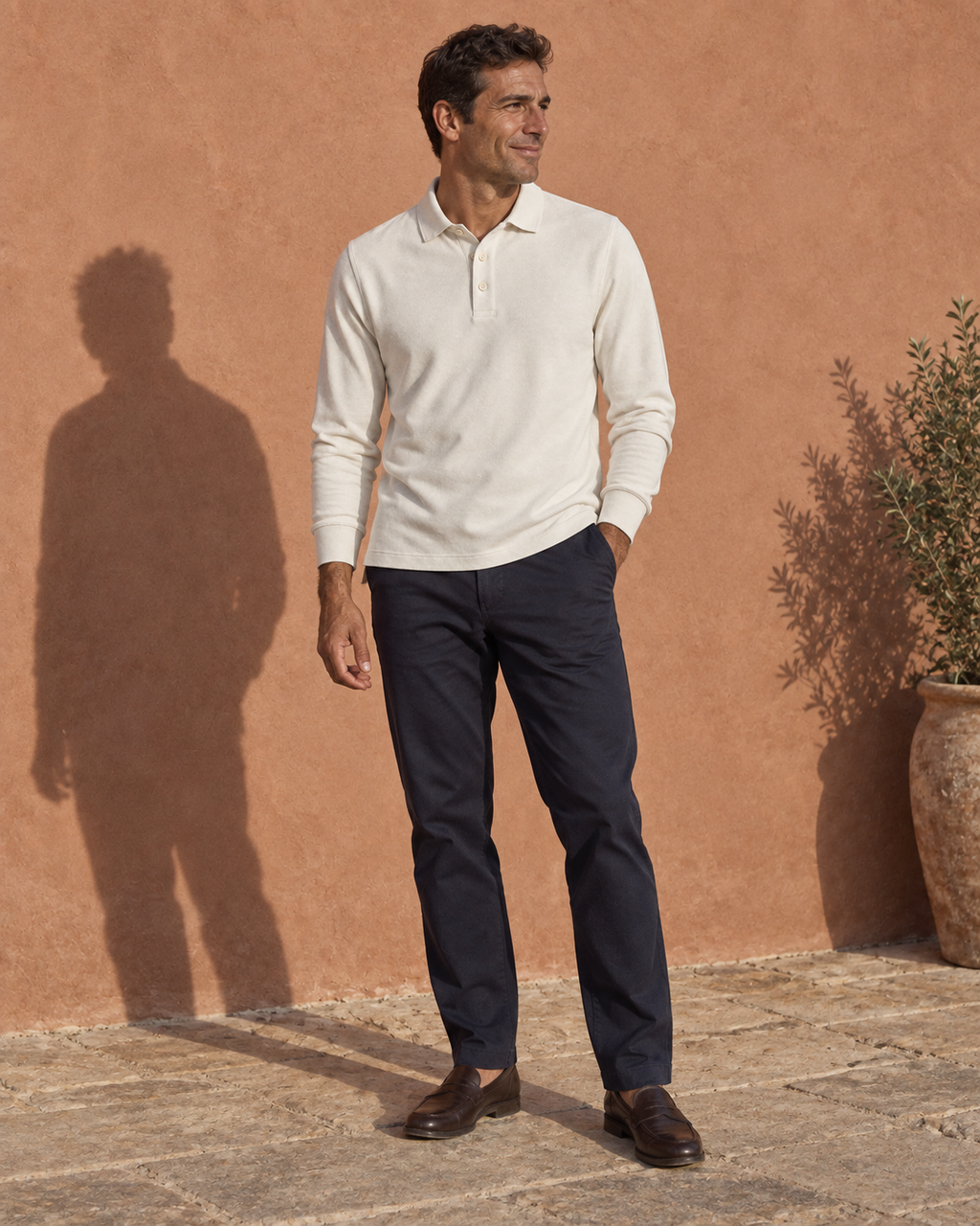 Long-Sleeve Polo Classic Revival in off-white, worn by a man beside a terracotta wall