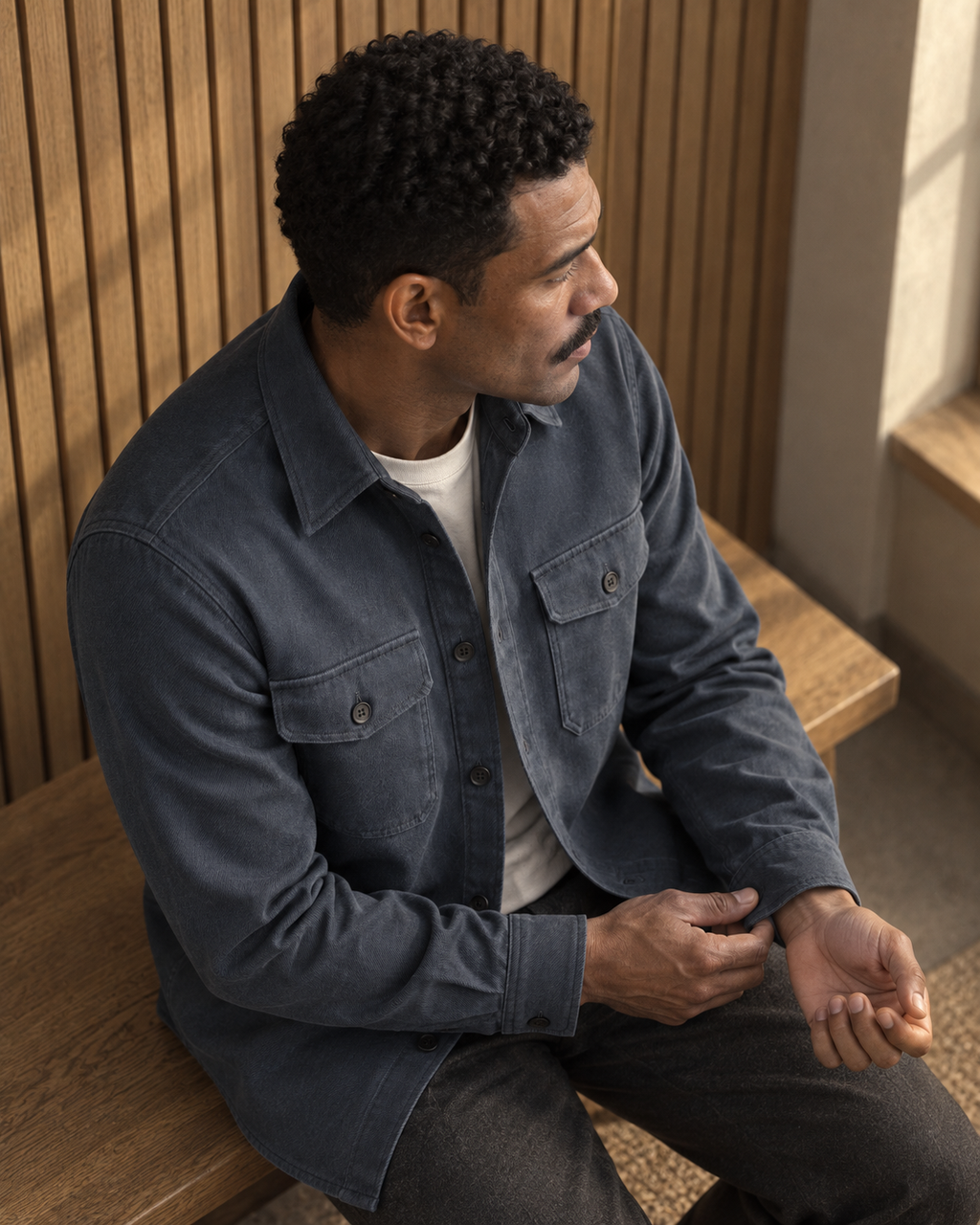 Overshirt Modern Heritage in slate blue, worn by a seated man adjusting his cuff indoors