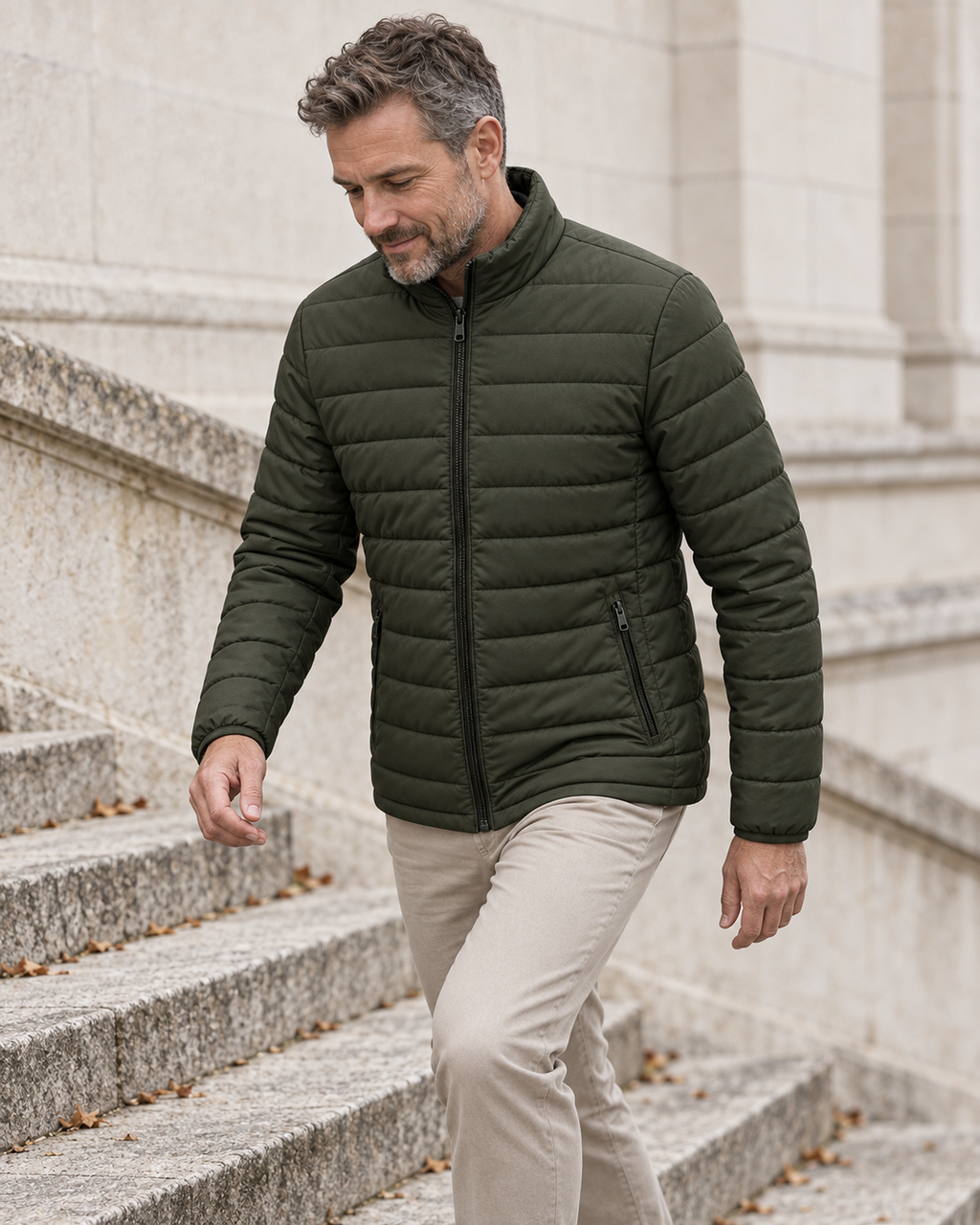 Quilted Jacket Light Urban in dark olive, worn by a man climbing stone steps