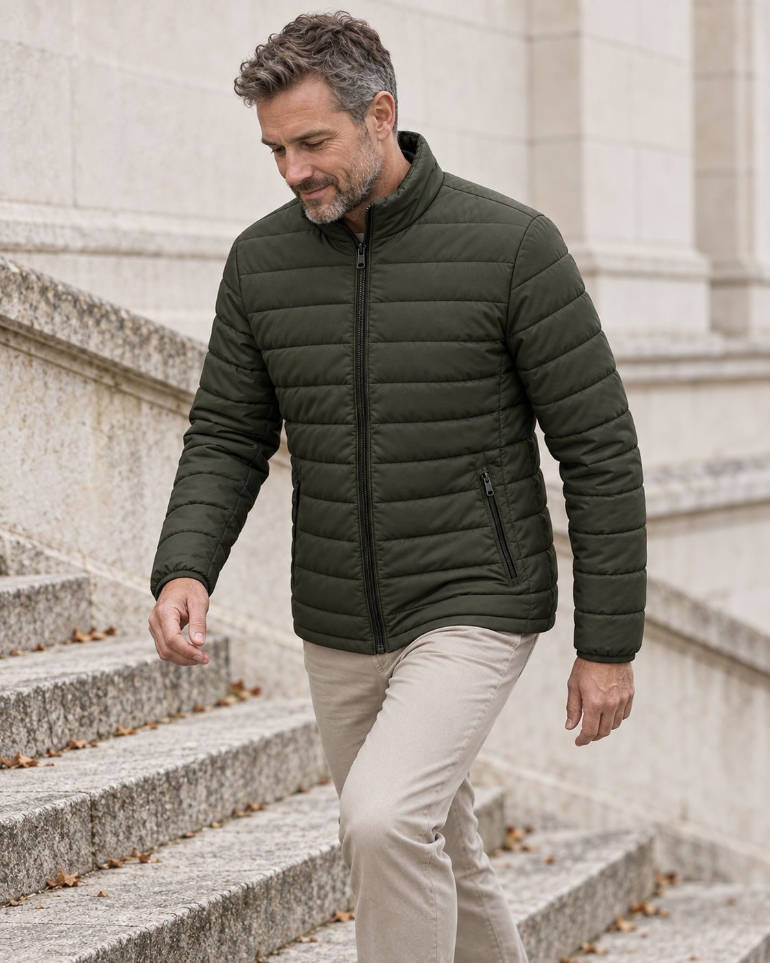 Quilted Jacket Light Urban in dark olive, worn by a man climbing stone steps